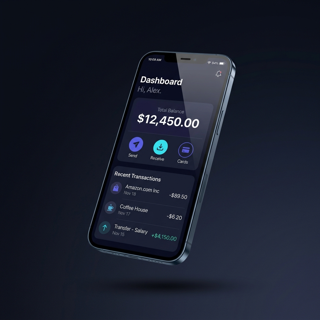 FWTBank mobile app interface on a modern smartphone