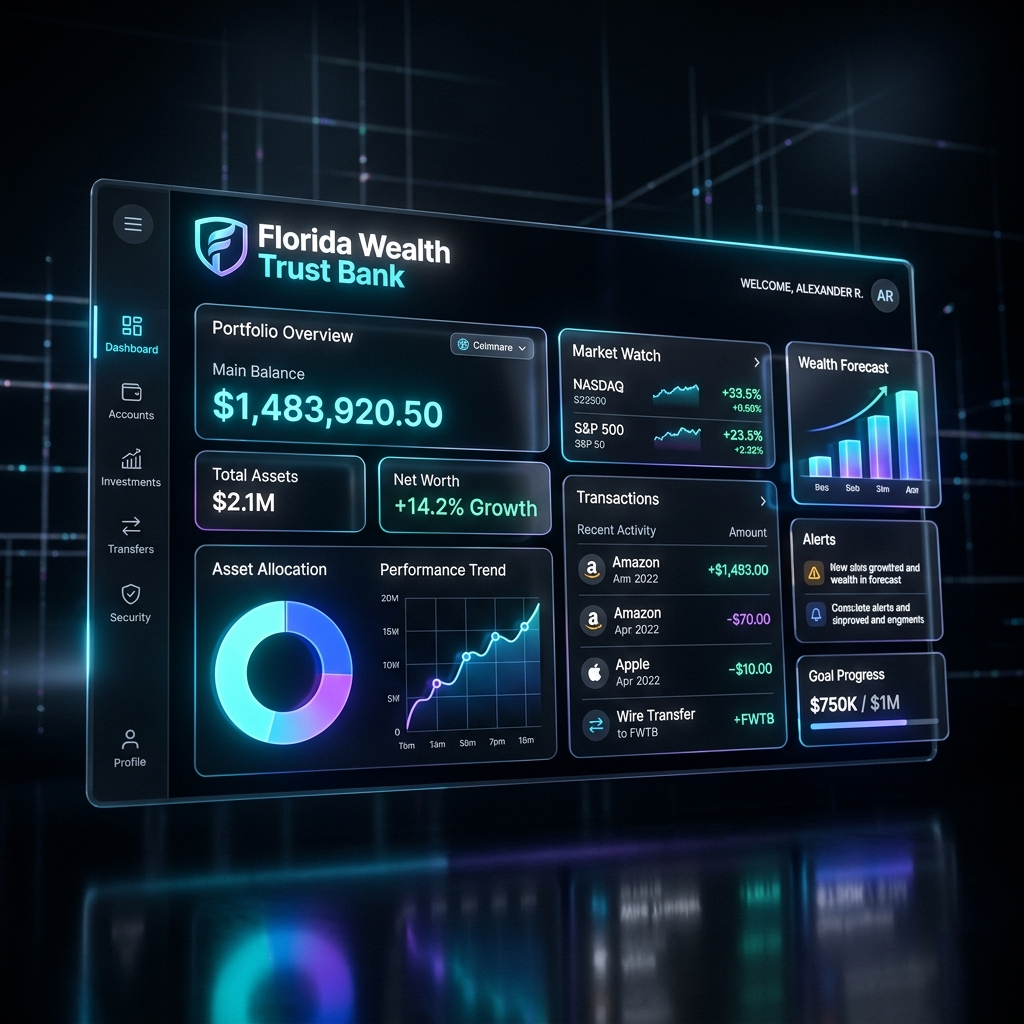 FWTBank dashboard showing portfolio overview, balances, and transactions